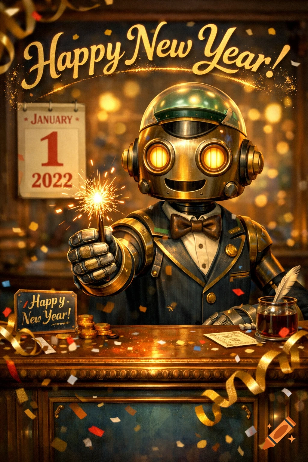 A festive steampunk robot in a suit holds a sparkler, with a "Happy New Year!" banner, calendar, and confetti on a gilded desk.