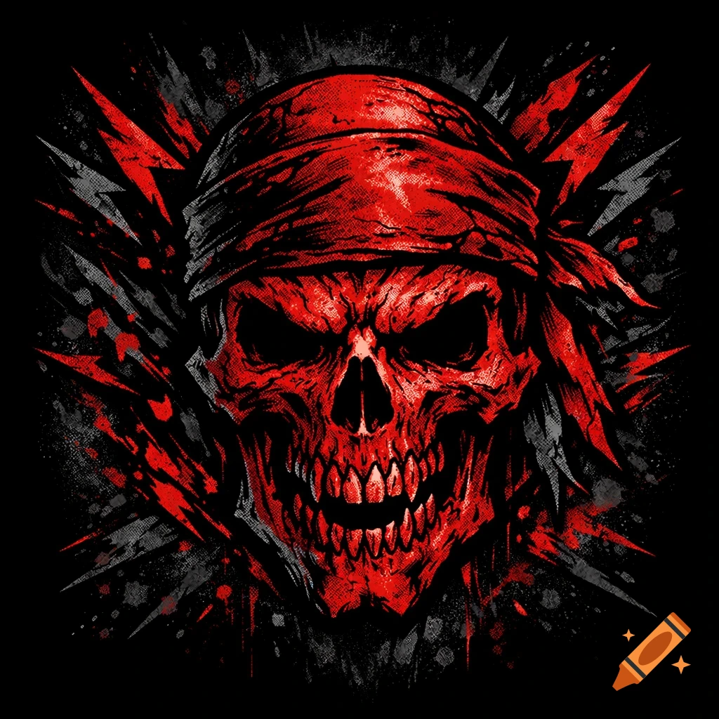 A stylized aggressive red skull wearing a bandana, with a grunge, spiky red and gray background, designed as a rock logo.
