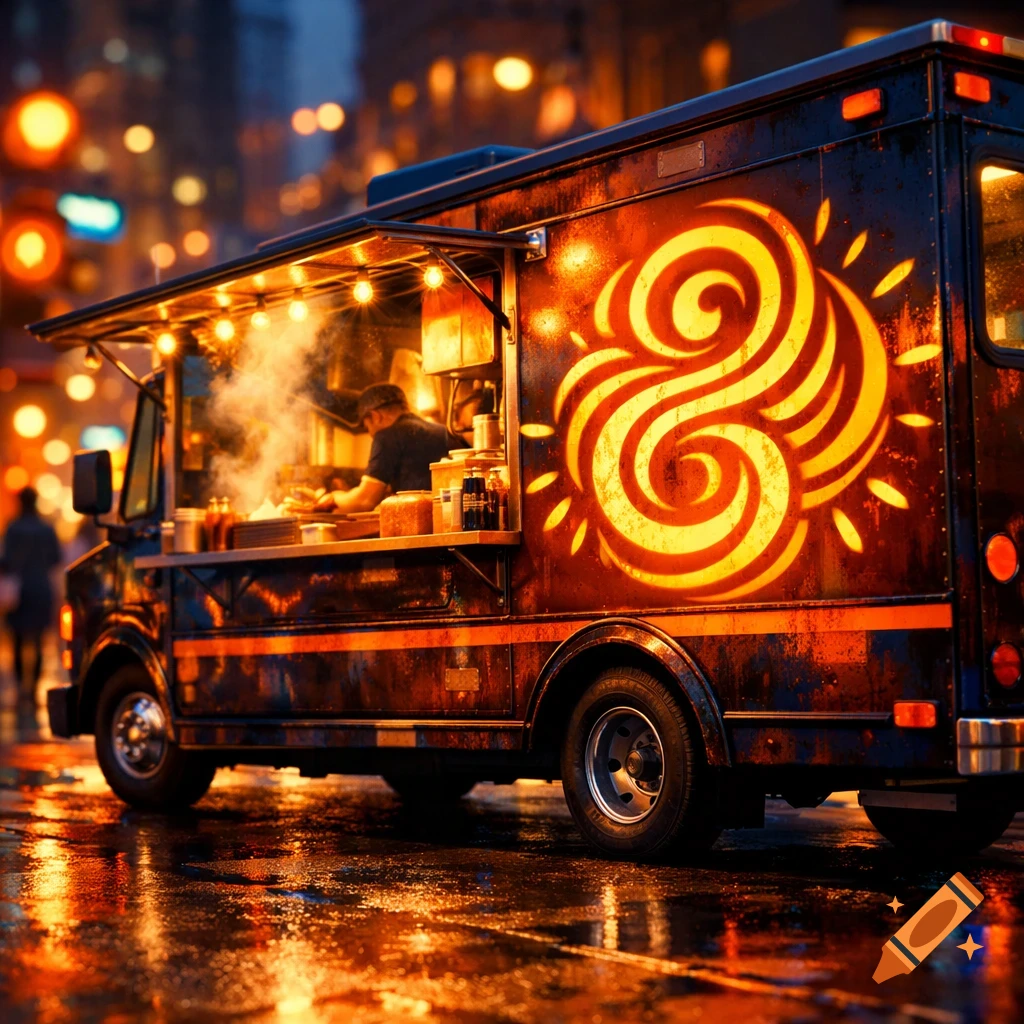 A vibrant food truck with a glowing orange swirl logo on its side, operating on a wet city street at night, illuminated by string lights and city bokeh.