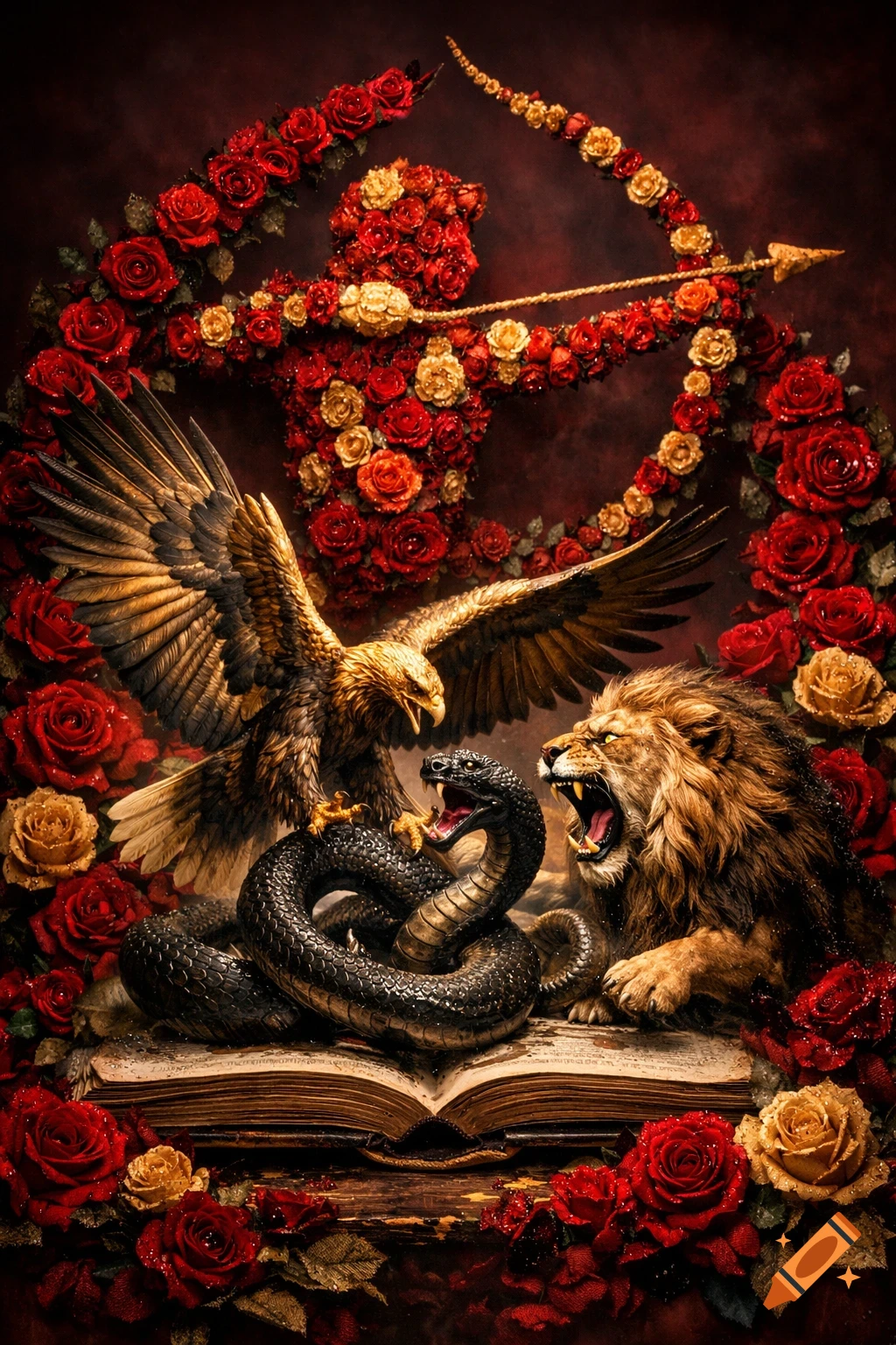 A golden eagle, snake, and roaring lion battle on an open book, surrounded by red and gold roses forming a figure with a bow and arrow.