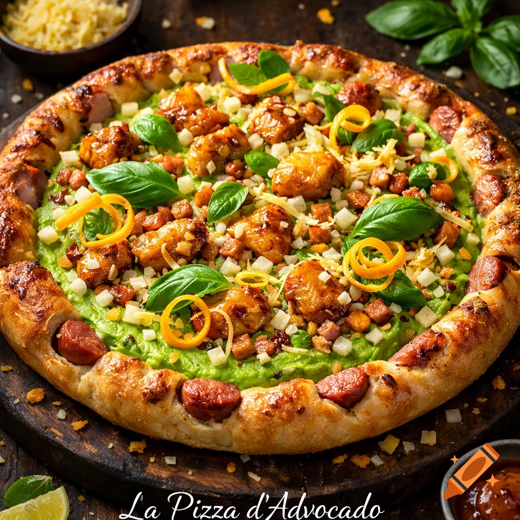 Gourmet pizza with green avocado base, honey chicken, sausage, apple, cheese, basil, and citrus zest on a rustic board.