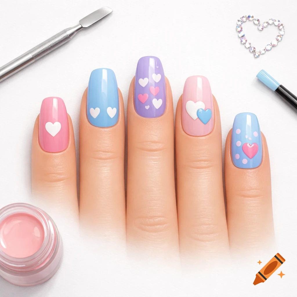 A realistic nail practice hand with five fingers, each adorned with pastel-colored heart-themed nail art, alongside nail tools and polish.