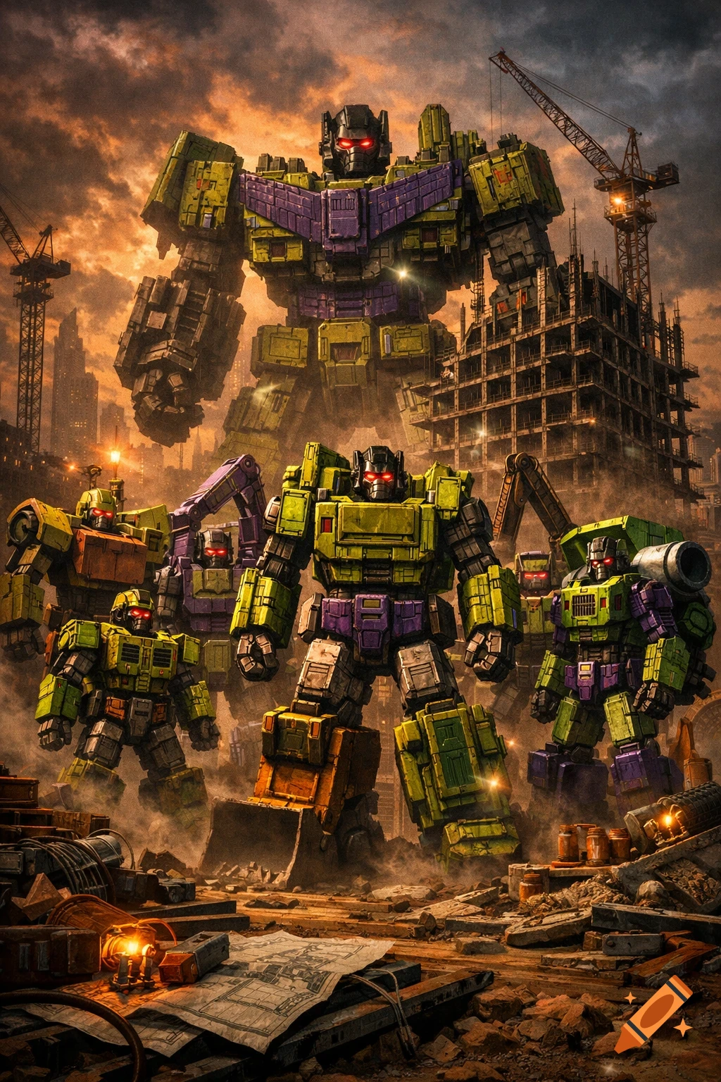 Giant green and purple Constructicon robots stand in a ruined city with construction cranes under a dramatic, cloudy sky.