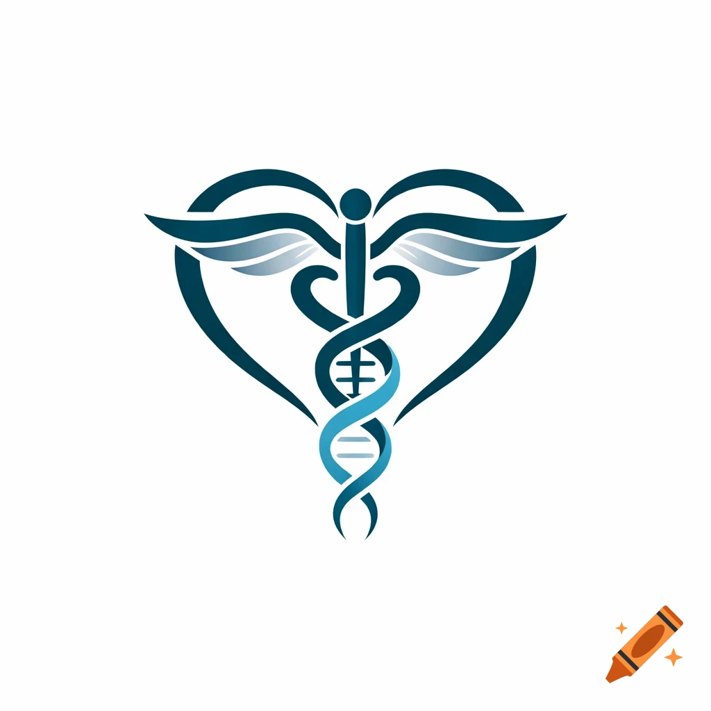 A blue and teal medical logo featuring a heart, a caduceus symbol with wings, and a DNA helix.