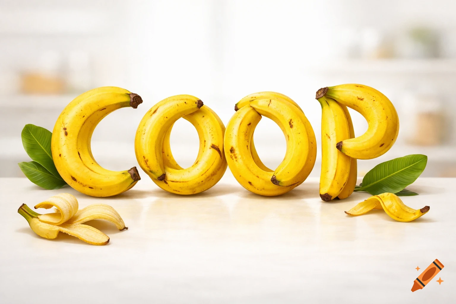 Photorealistic image of the word "COOP" spelled out using ripe bananas, with green leaves and banana peels on a white countertop.