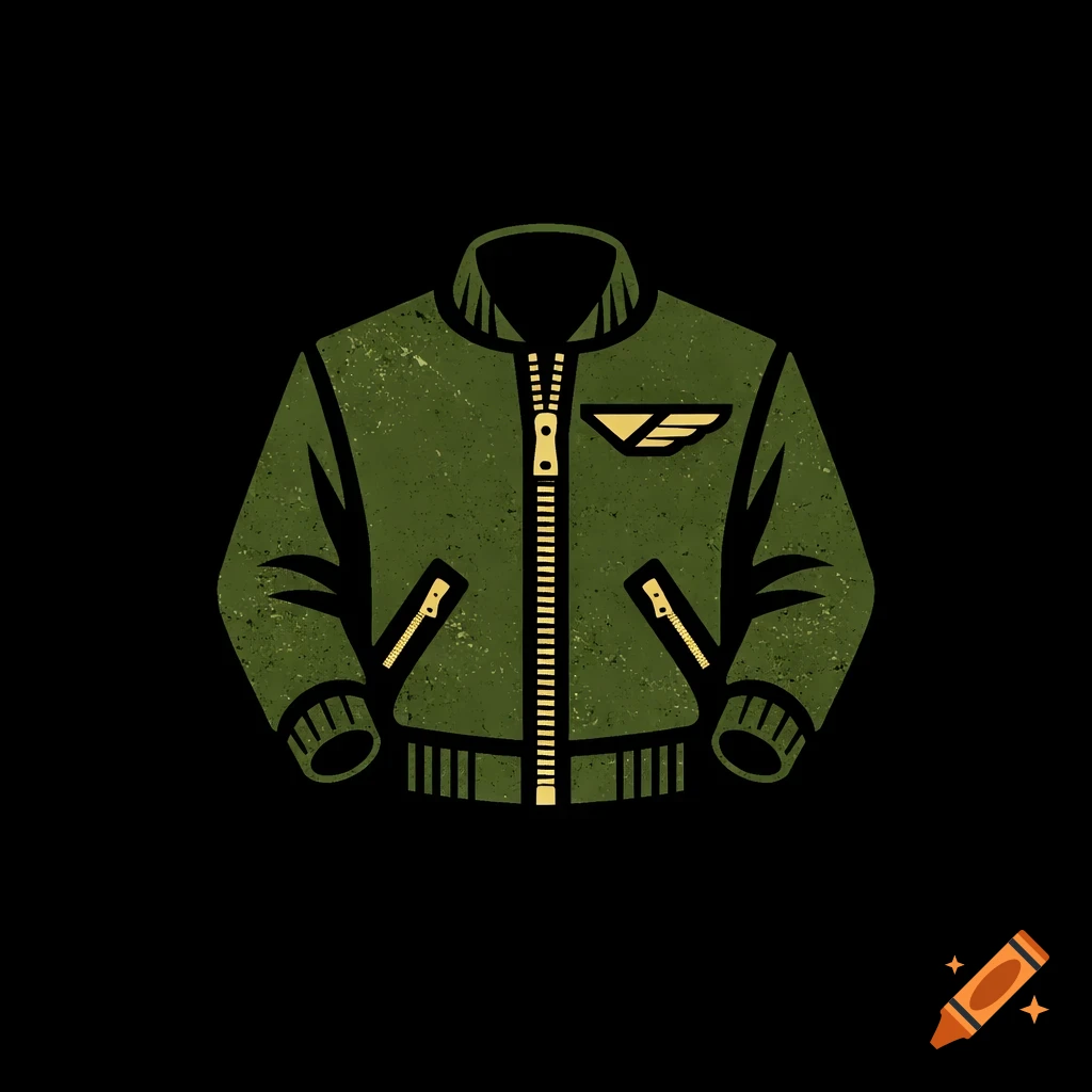 Stylized green bomber jacket with a gold zipper and a wing logo on the left chest pocket, on a black background.