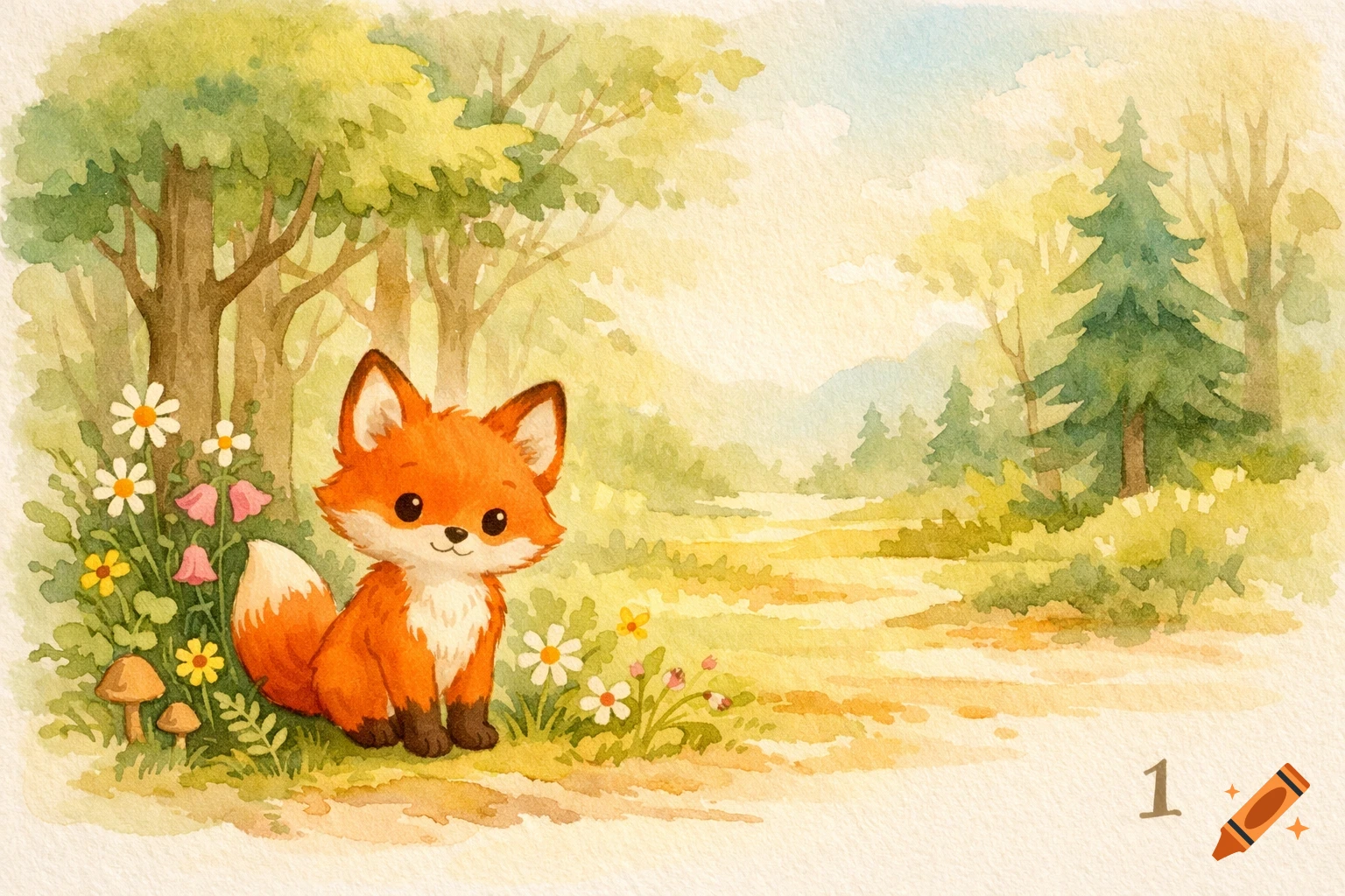 A cute, small orange fox sits among wildflowers and mushrooms in a soft watercolor forest scene, with a path leading into the distance.