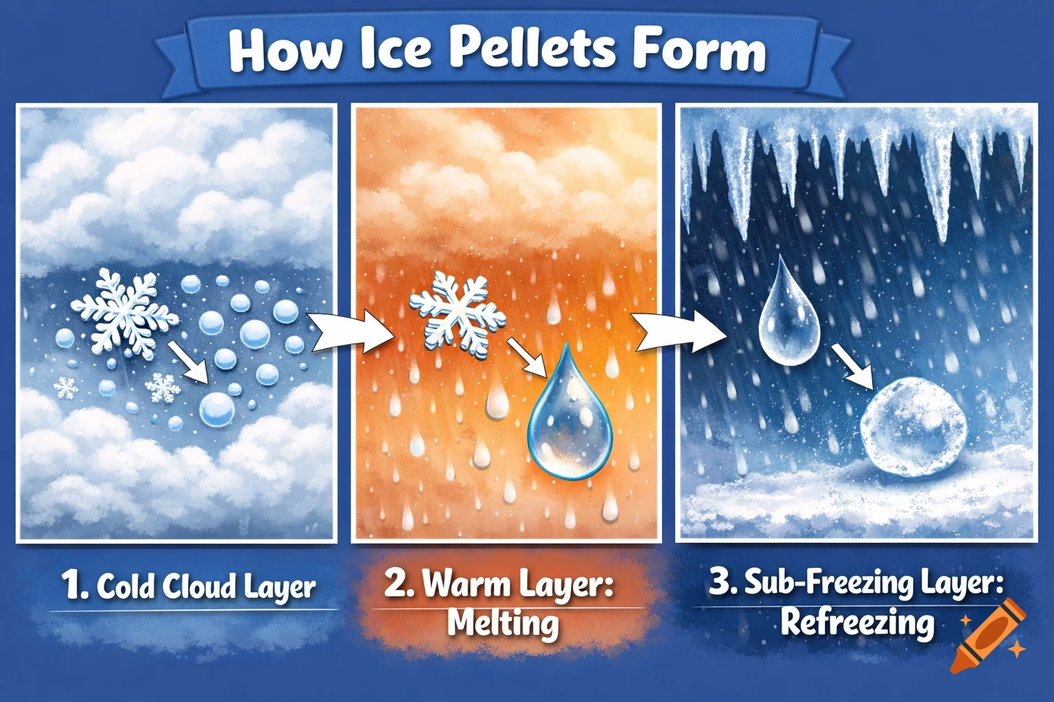 Illustrative diagram explaining how ice pellets form, showing snowflakes melting through a warm layer and refreezing in a sub-freezing layer.