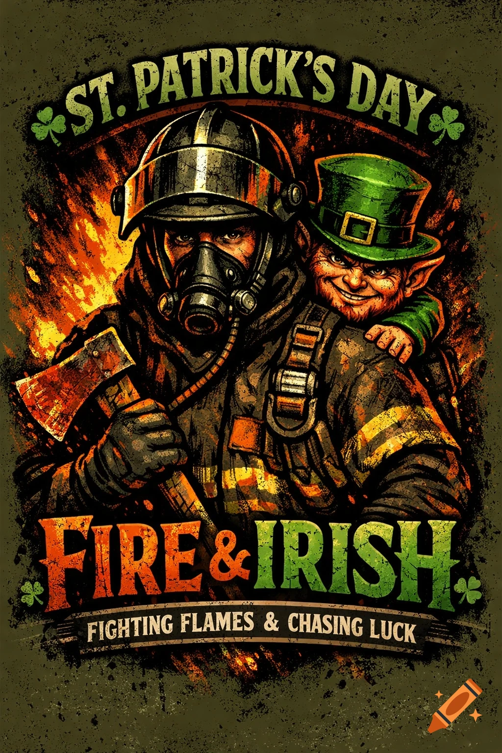 Gritty illustration of a firefighter with an axe, a smiling leprechaun on his shoulder, and text 'St. Patrick's Day Fire & Irish' against fire.