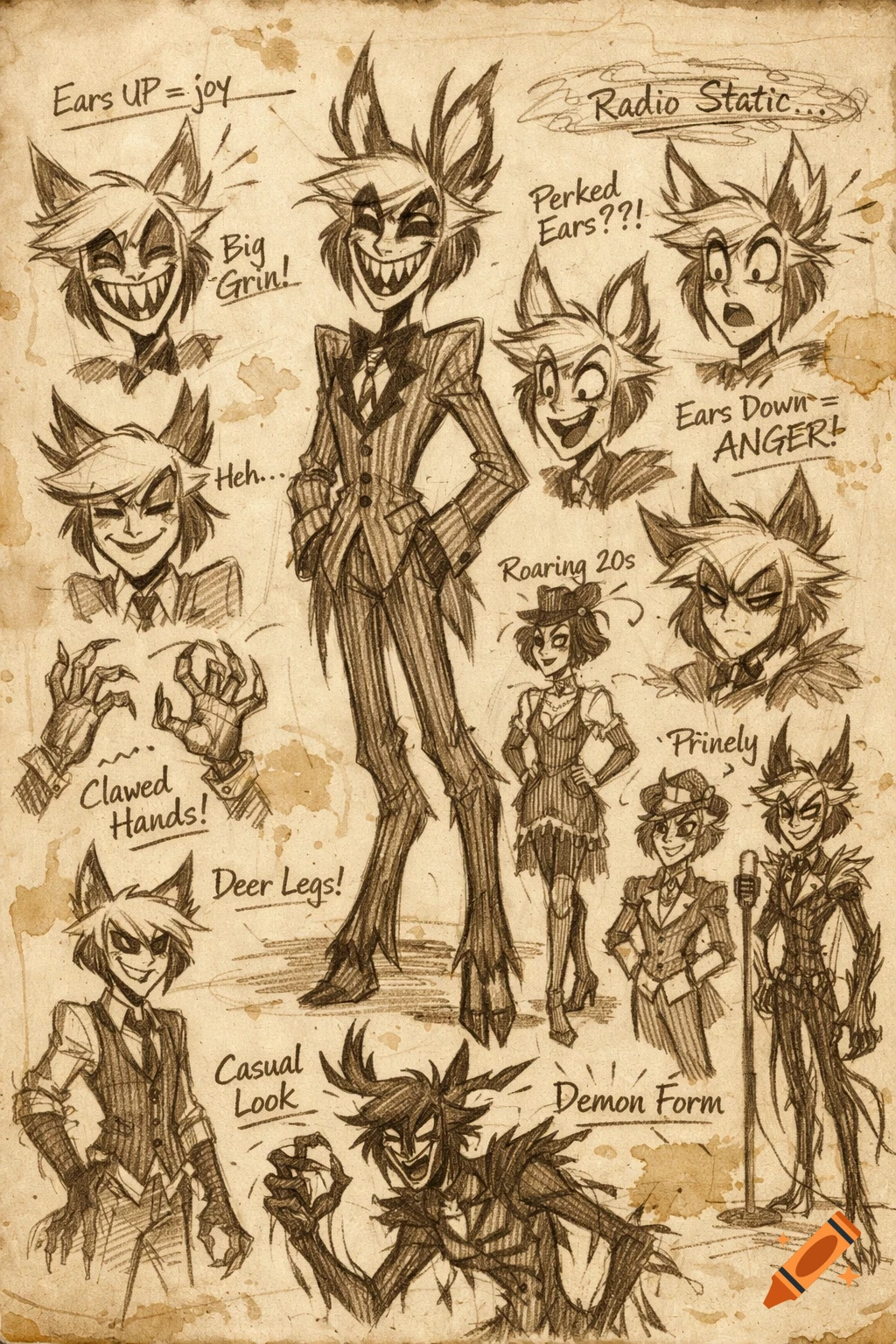 A sepia-toned sketch sheet for Alastor from Hazbin Hotel, showing various expressions, poses, and outfit variations like a 1920s flapper dress.