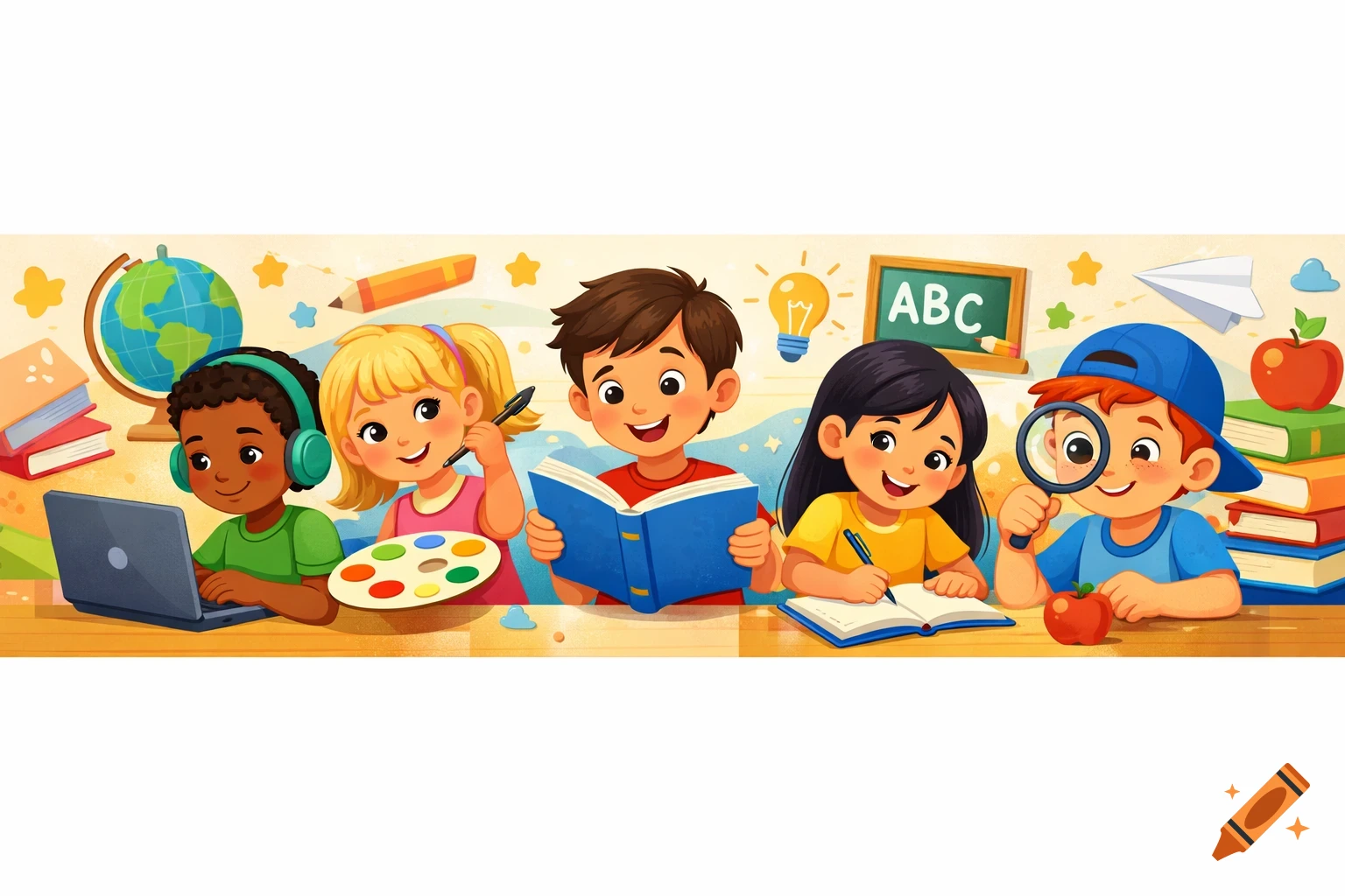 Diverse children engaging in various learning activities like reading, writing, painting, and using a laptop, with school supplies.