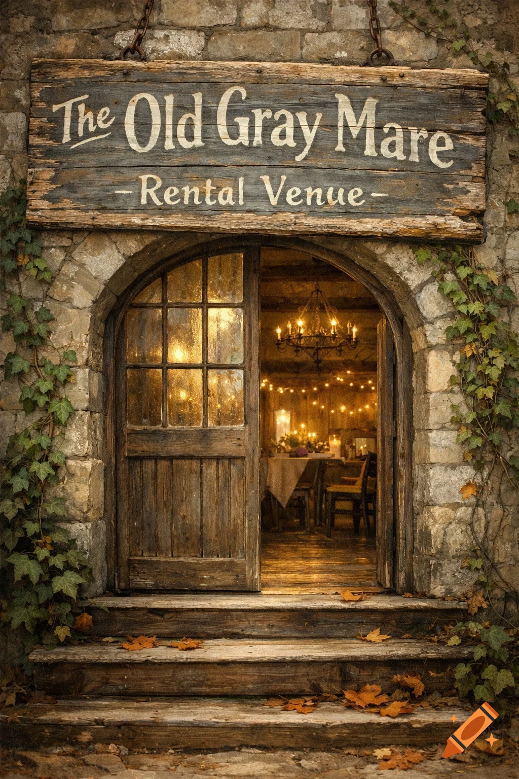 An old stone building entrance with an open arched wooden door, revealing a warmly lit interior. A rustic sign reads "The Old Gray Mare Rental Venue". Ivy climbs the walls and autumn leaves cover the steps.