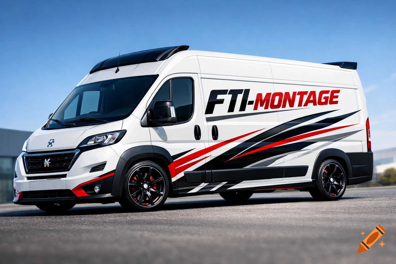 Photorealistic white van with black, red, and grey racing decals and 'FTI-MONTAGE' text, parked on asphalt.