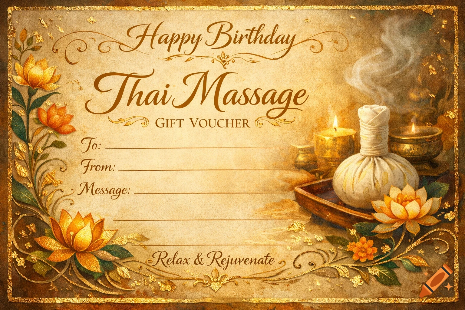 A vintage-style Happy Birthday Thai Massage Gift Voucher with an ornate gold border, lotus flowers, burning candles, and a herbal compress.
