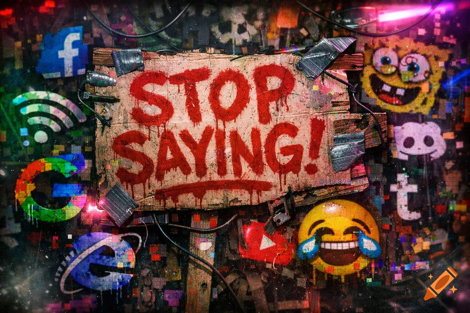 A grunge-style sign with 'STOP SAYING!' in dripping red text, surrounded by glitched social media logos and pop culture icons.