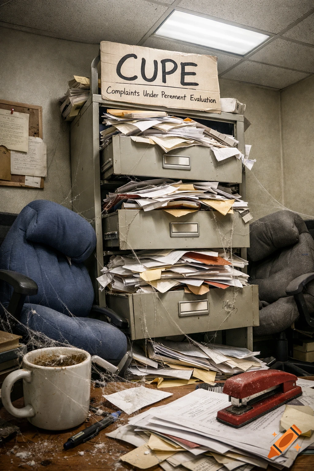 A dust-covered, messy office with an overflowing filing cabinet labeled 'CUPE Complaints Under Perennent Evaluation', and a dirty desk with a mug.