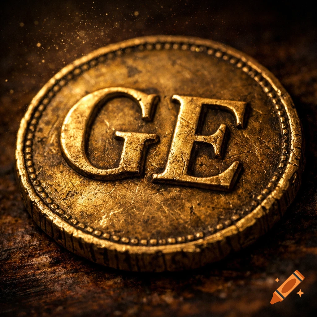 A close-up of a weathered, antique gold coin with the bold letters "GE" embossed on its surface.