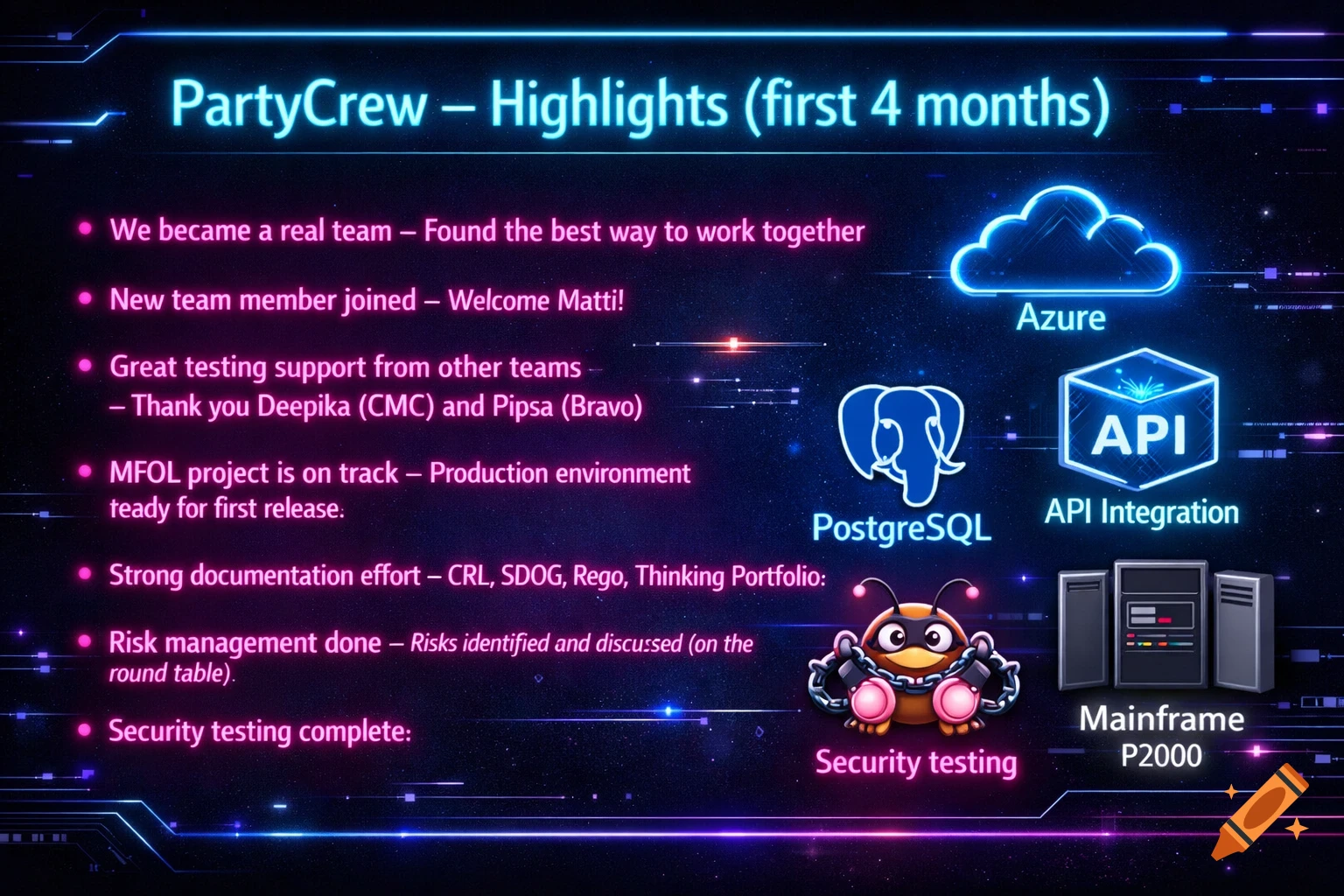 A neon-style presentation slide with a dark, futuristic background, displaying 'PartyCrew – Highlights (first 4 months)' as the title.