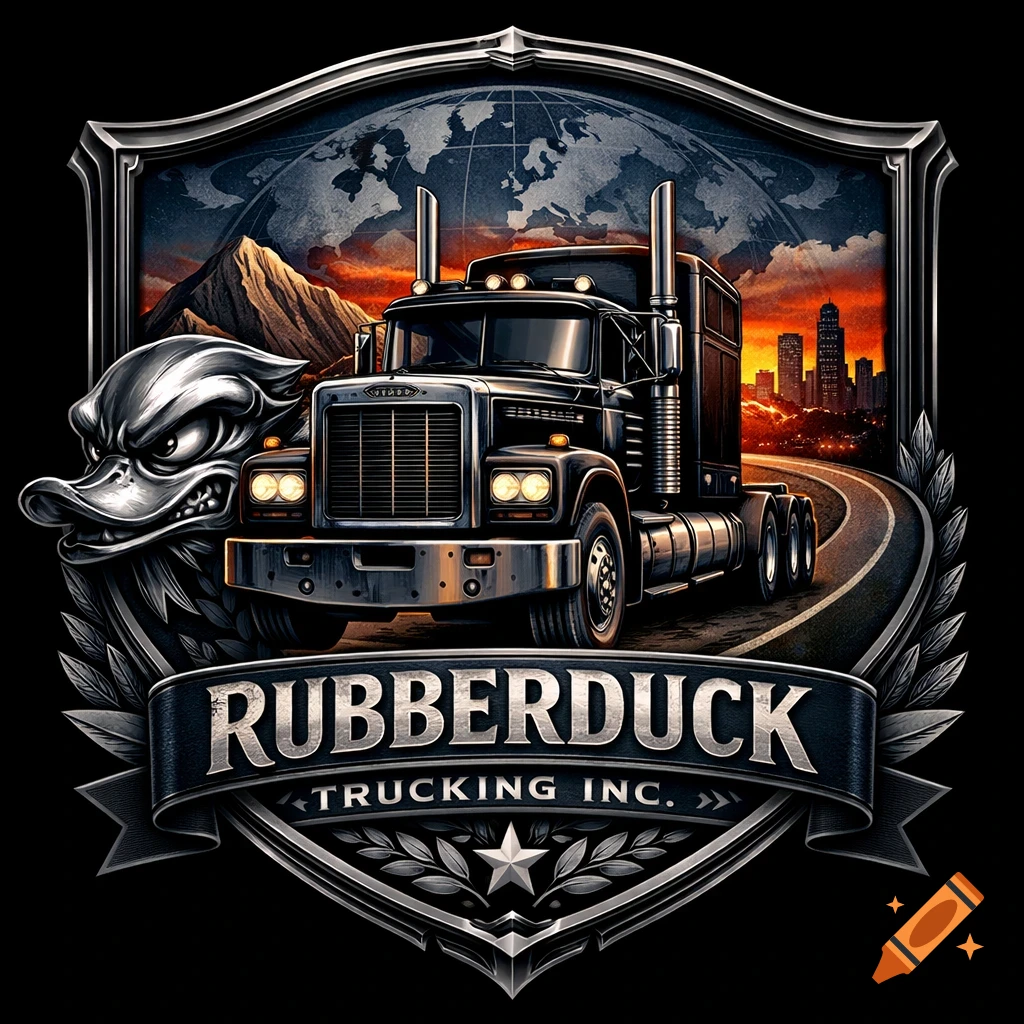 Metallic shield logo for Rubberduck Trucking Inc. featuring an angry duck mascot, a black semi-truck, mountains, cityscape, and a globe.