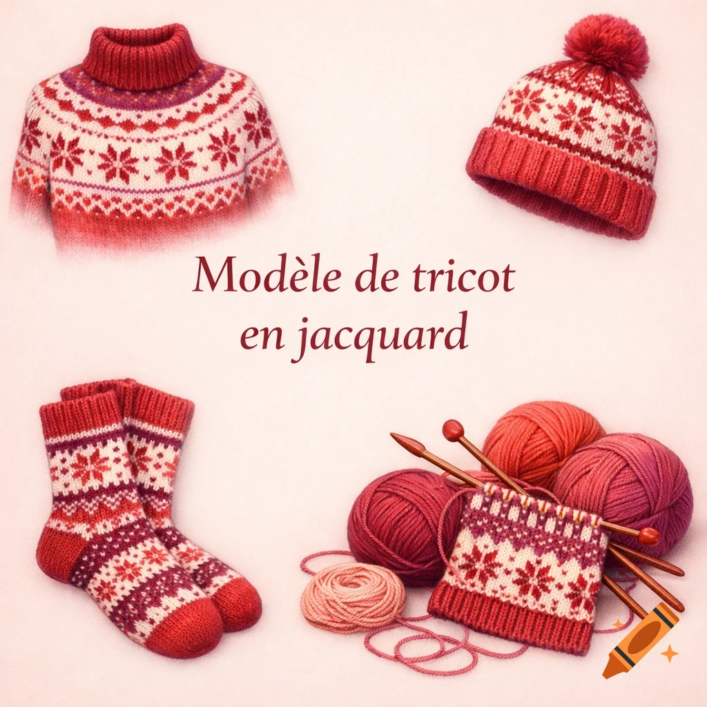 Fair isle knit sweater, hat, socks, yarn, and needles on a pink background, with 'Modèle de tricot en jacquard' text.
