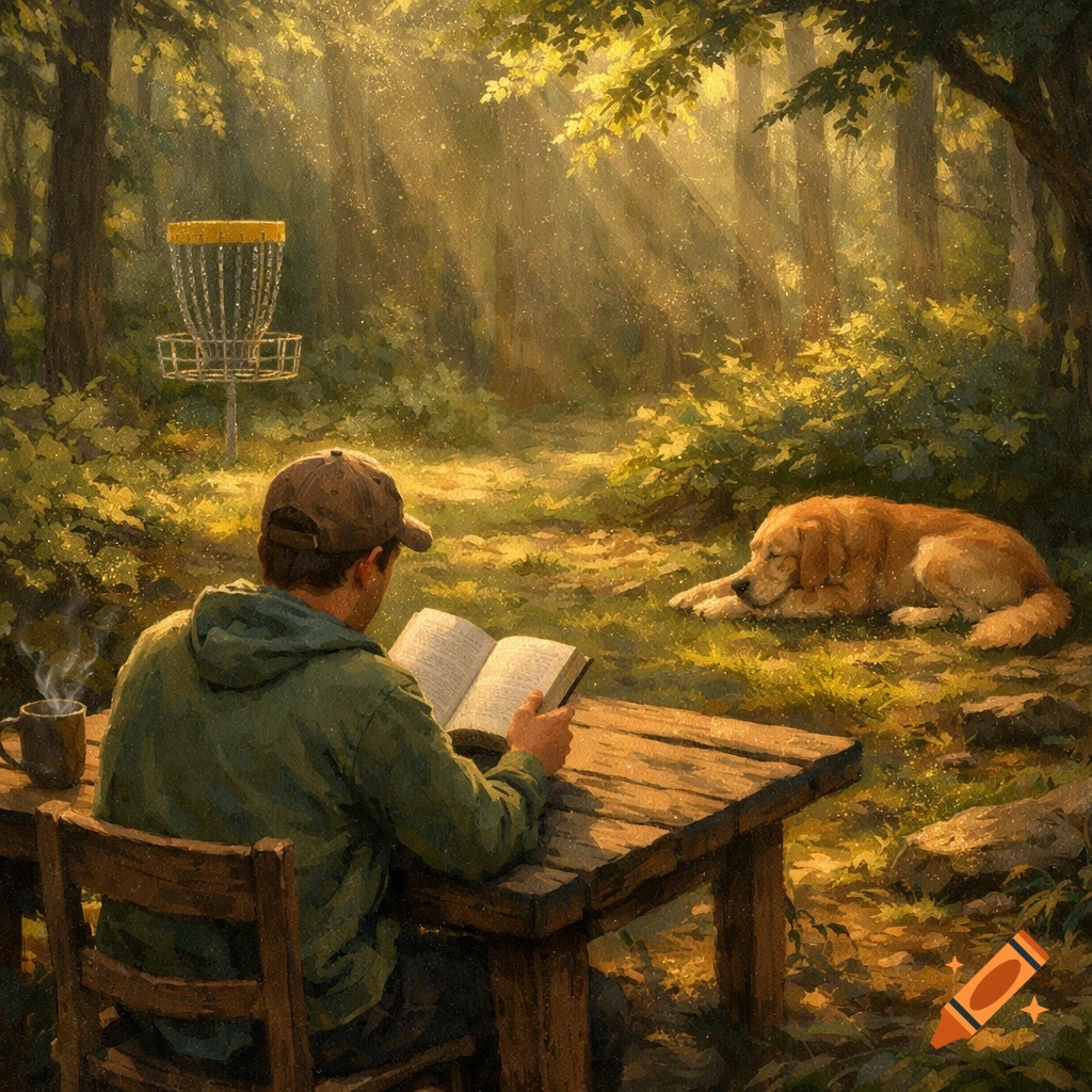 A person reads a book at a wooden table in a sun-dappled forest, with a sleeping golden retriever and disc golf basket in the background. Digital painting.