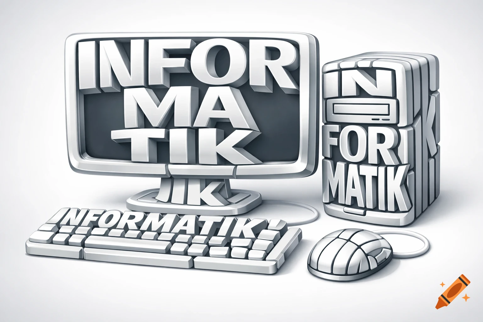 3D rendered computer setup with monitor, tower, keyboard, and mouse, each component formed by the word 'Informatik' in a metallic finish.