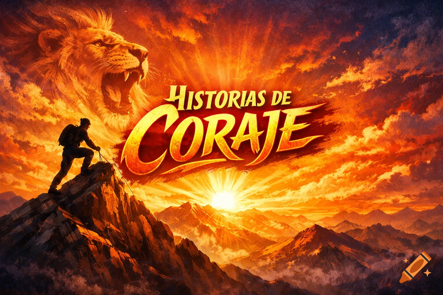 A person climbs a mountain peak under a vibrant, fiery sky with a roaring lion's head in the clouds and the text 'Historias de Coraje'.