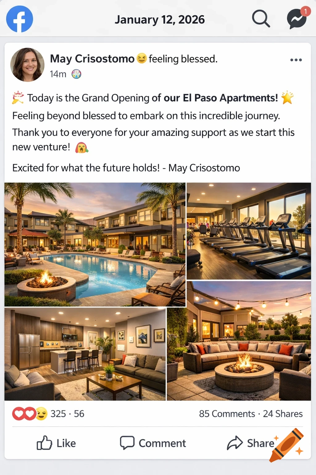A Facebook post from May Crisostomo announcing the grand opening of El Paso Apartments on January 12, 2026, featuring a collage of photorealistic images showing the pool, gym, kitchen, and outdoor lounge.