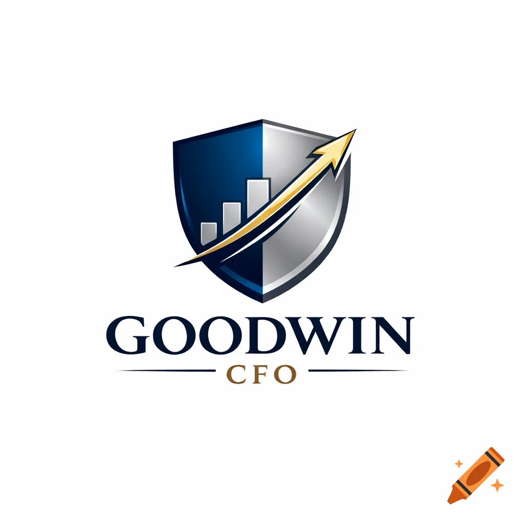A professional logo featuring a blue and silver shield with an upward-curving golden arrow and a bar graph, with "GOODWIN CFO" text below.