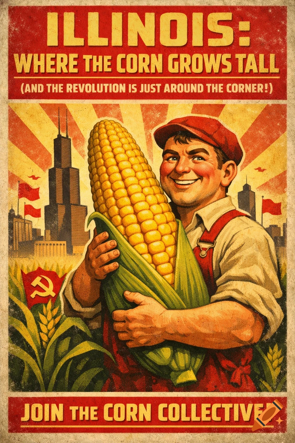 A vintage-style propaganda poster features a smiling man holding a giant ear of corn in front of Chicago skyscrapers and a hammer and sickle flag. Text reads: "ILLINOIS: WHERE THE CORN GROWS TALL (AND THE REVOLUTION IS JUST AROUND THE CORNER!) JOIN THE CORN COLLECTIVE!"