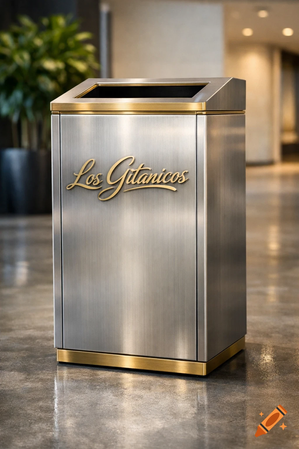 A modern brushed metal trash bin with gold accents and 'Los Gitanicos' embossed on it, set in a well-lit interior.