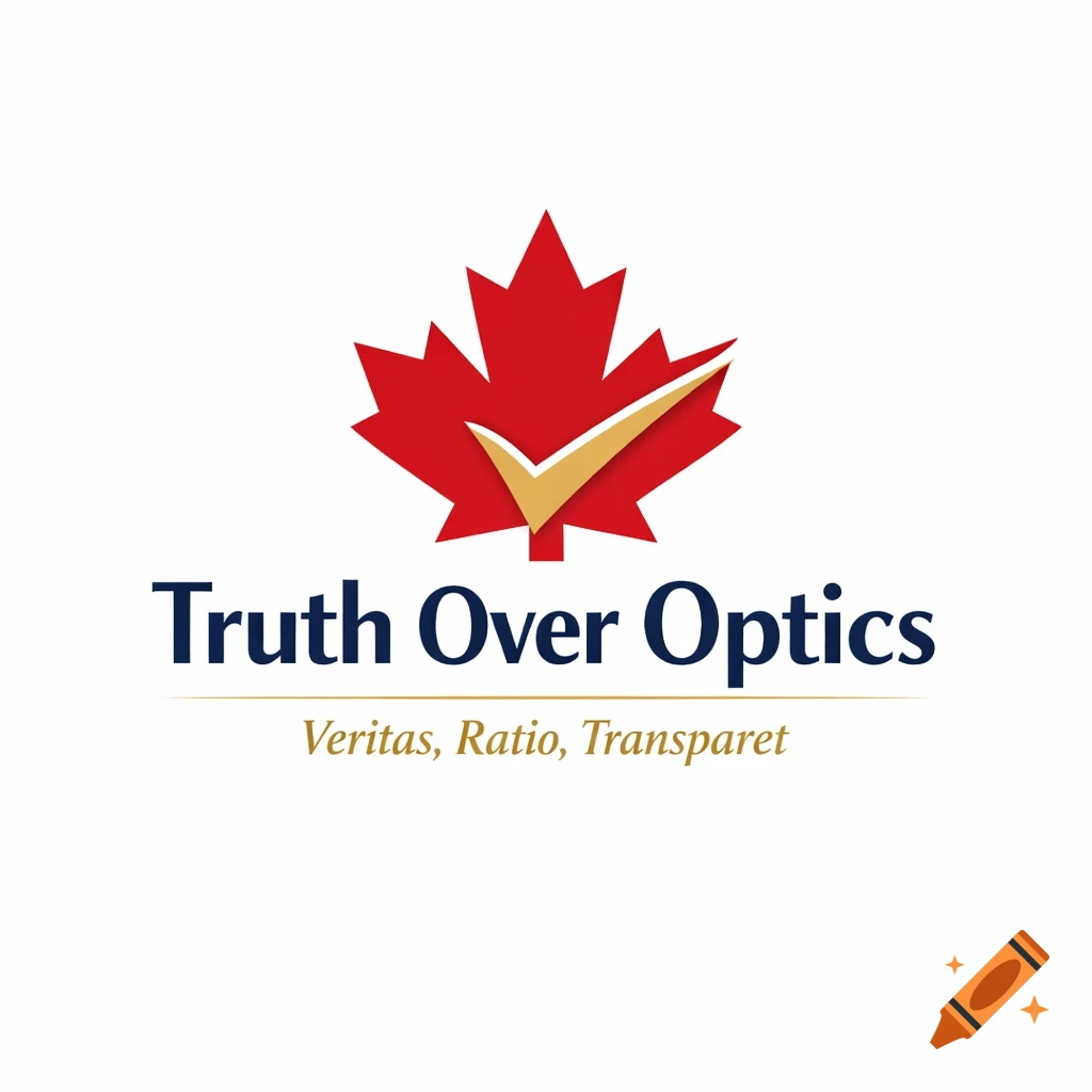 A red maple leaf with a gold checkmark, above the words 'Truth Over Optics' in navy and 'Veritas, Ratio, Transparet' in gold on a white background.