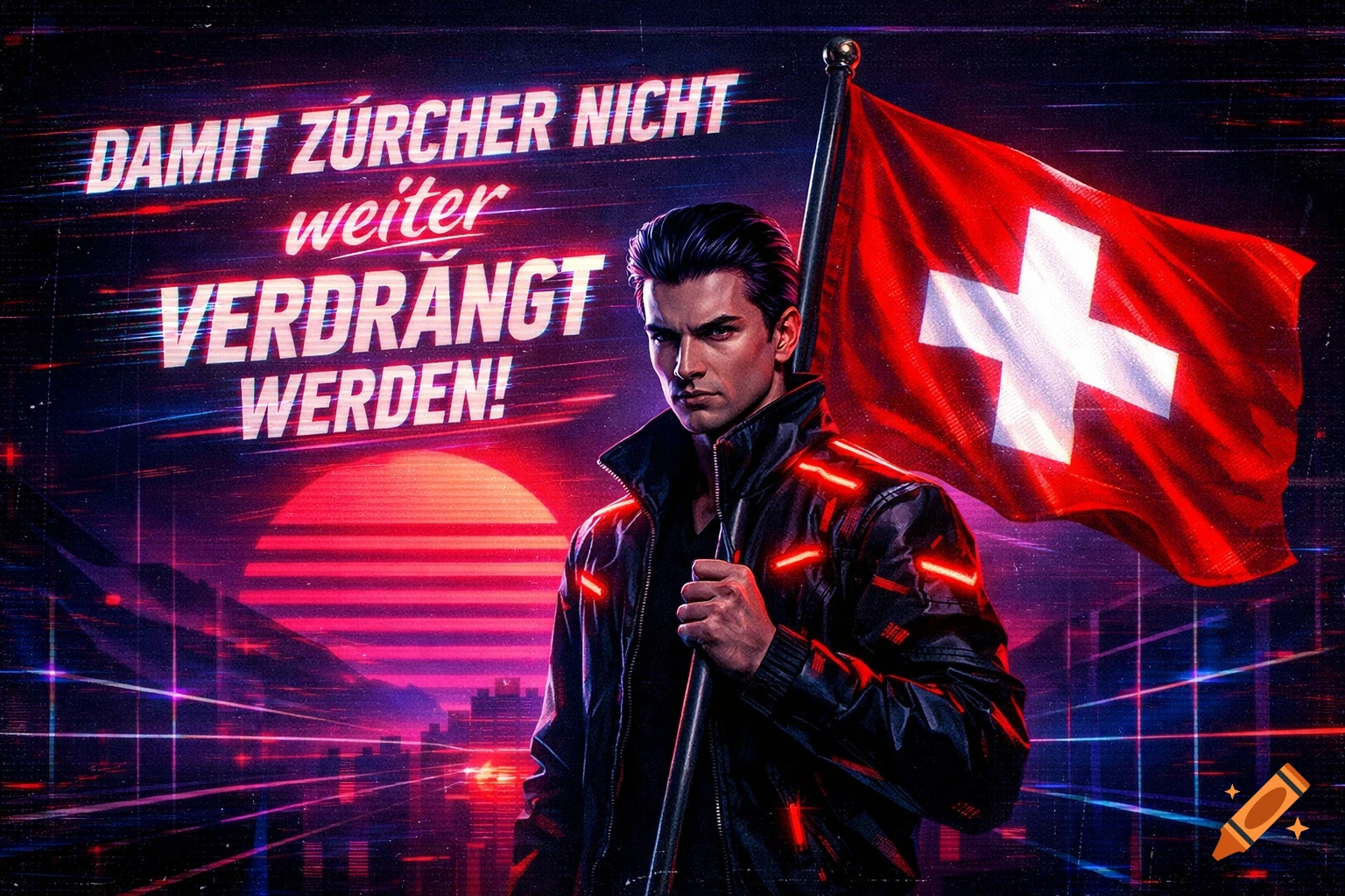 A man in a glowing black jacket holds a Swiss flag against a neon synthwave city and sunset backdrop, with text "DAMIT ZÜRCHER NICHT weiter VERDRÄNGT WERDEN!" in glitchy font.