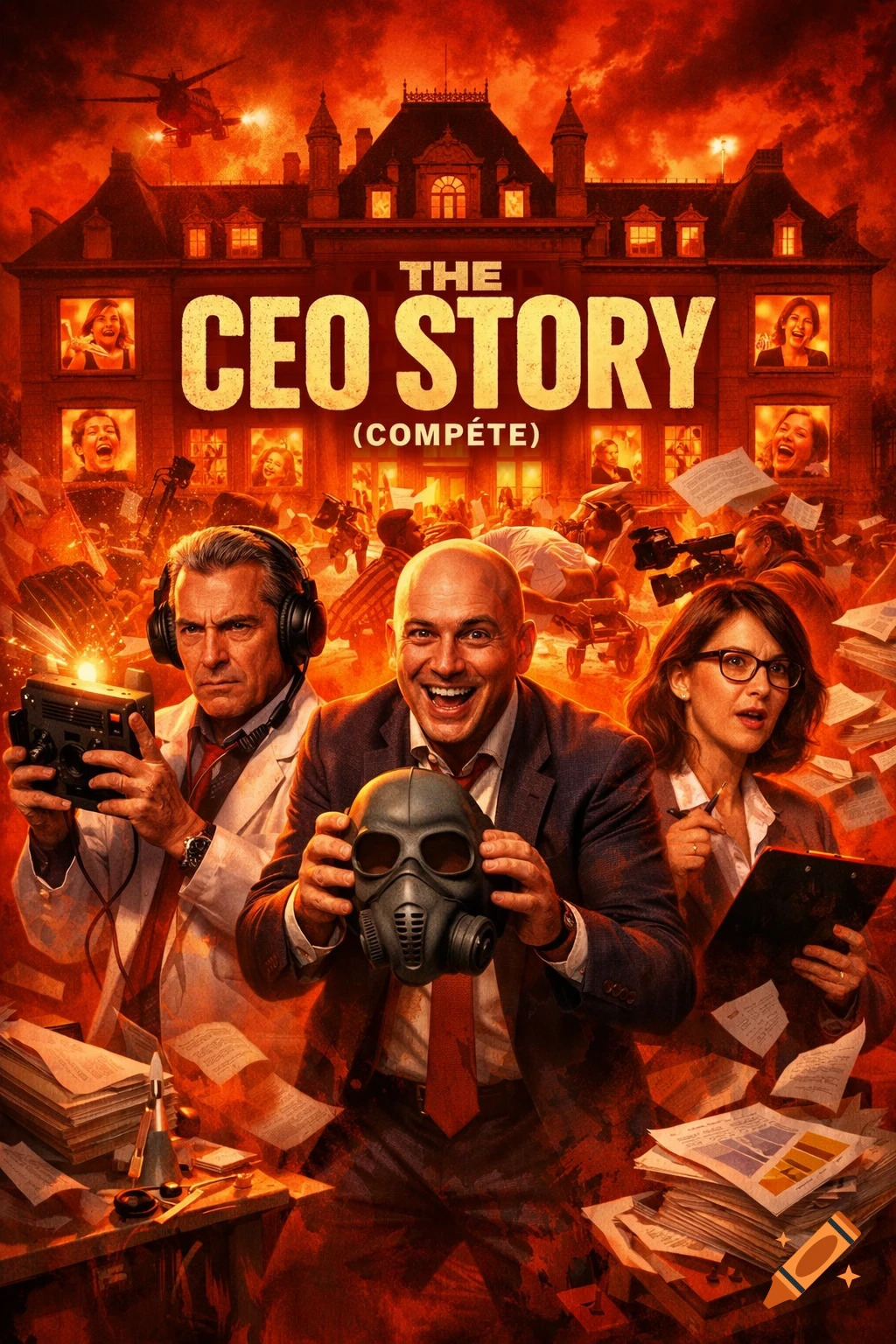 Movie poster for 'The CEO Story (Compete)' with three figures, one holding a gas mask, against a chaotic burning castle with laughing faces, in red and orange.
