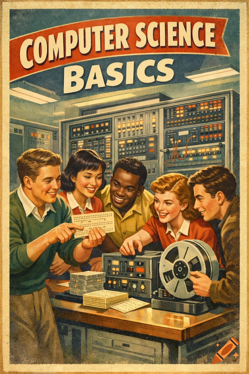 A retro-style poster showing four smiling young people, in an old computer lab, gathered around a mainframe and punch cards. Text reads 'Computer Science Basics'.