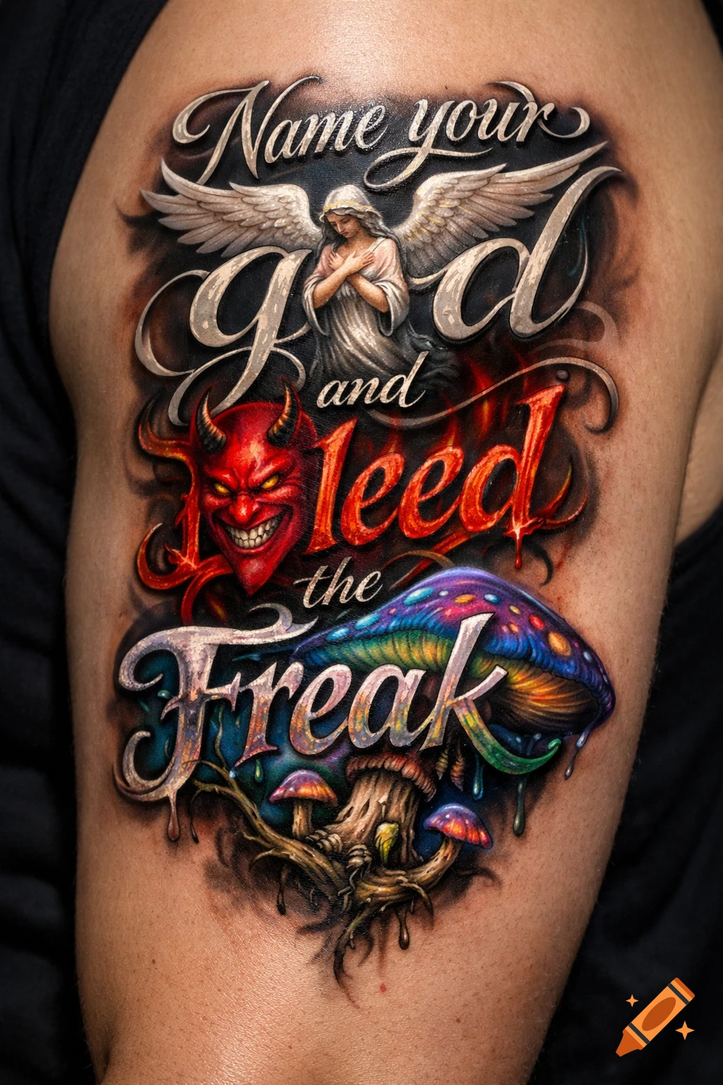 A vibrant, detailed arm tattoo featuring stylized text 'Name your god and bleed the freak', an angel, a devil, and a psychedelic mushroom.