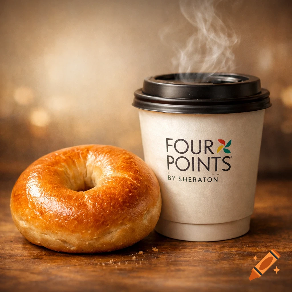 A fresh bagel next to a steaming Four Points by Sheraton coffee cup on a wooden table.