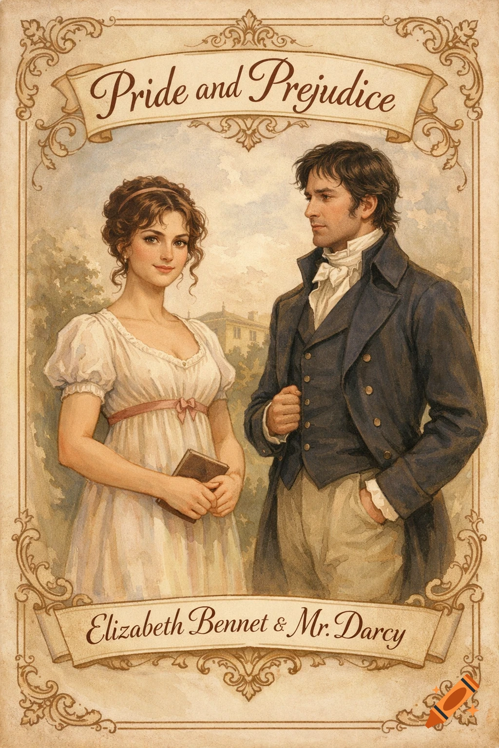 Watercolor illustration of Elizabeth Bennet and Mr. Darcy from Pride and Prejudice, framed with ornate borders and title text.