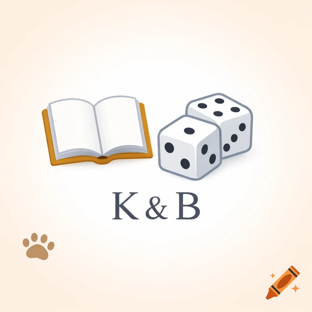 Minimalist icon featuring an open book, two dice, a paw print, and the text 'K & B' on a pastel background.