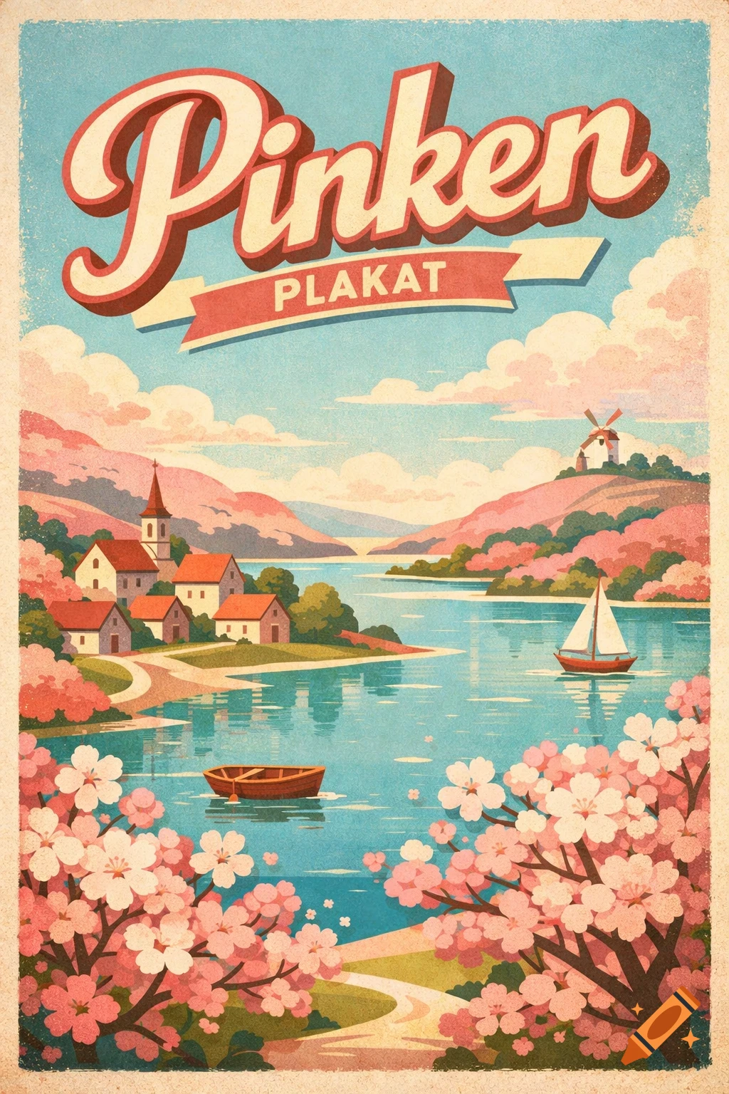 A vintage-style poster illustration features a serene lake, a village with a church, a windmill, and cherry blossoms, with 'Pinken PLAKAT' text.