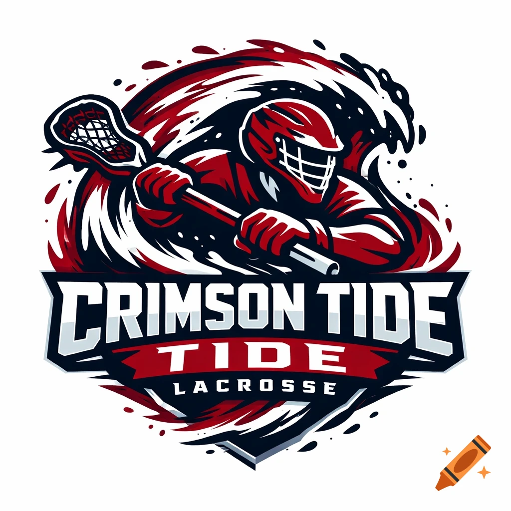 A stylized red and black logo for a lacrosse team called 'Crimson Tide', featuring a player with a stick and dynamic waves.