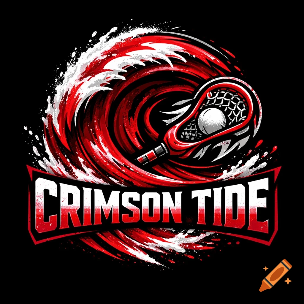 A dynamic red and white logo for "Crimson Tide" lacrosse, featuring a lacrosse stick and ball amidst a stylized wave.
