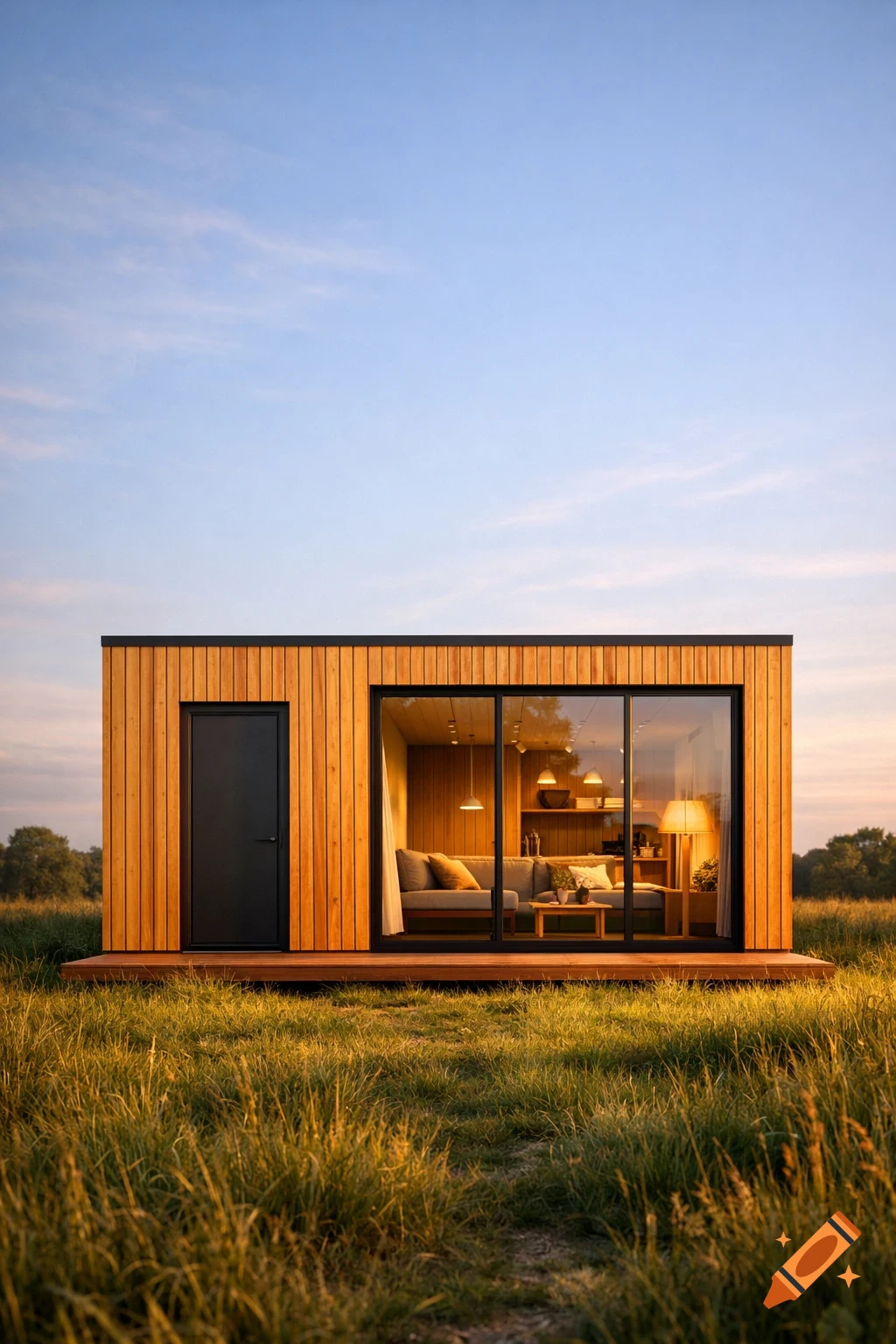 A modern wooden modular house with a large glass window and dark door, standing in a grassy field under a blue sky at golden hour. Photorealistic.