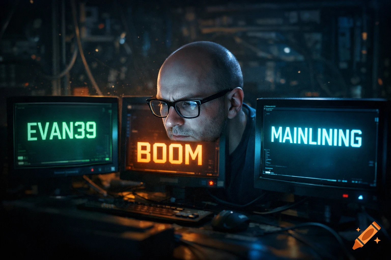 Bald man with glasses intently focused on three computer monitors displaying 'EVAN39', 'BOOM', and 'MAINLINING'.