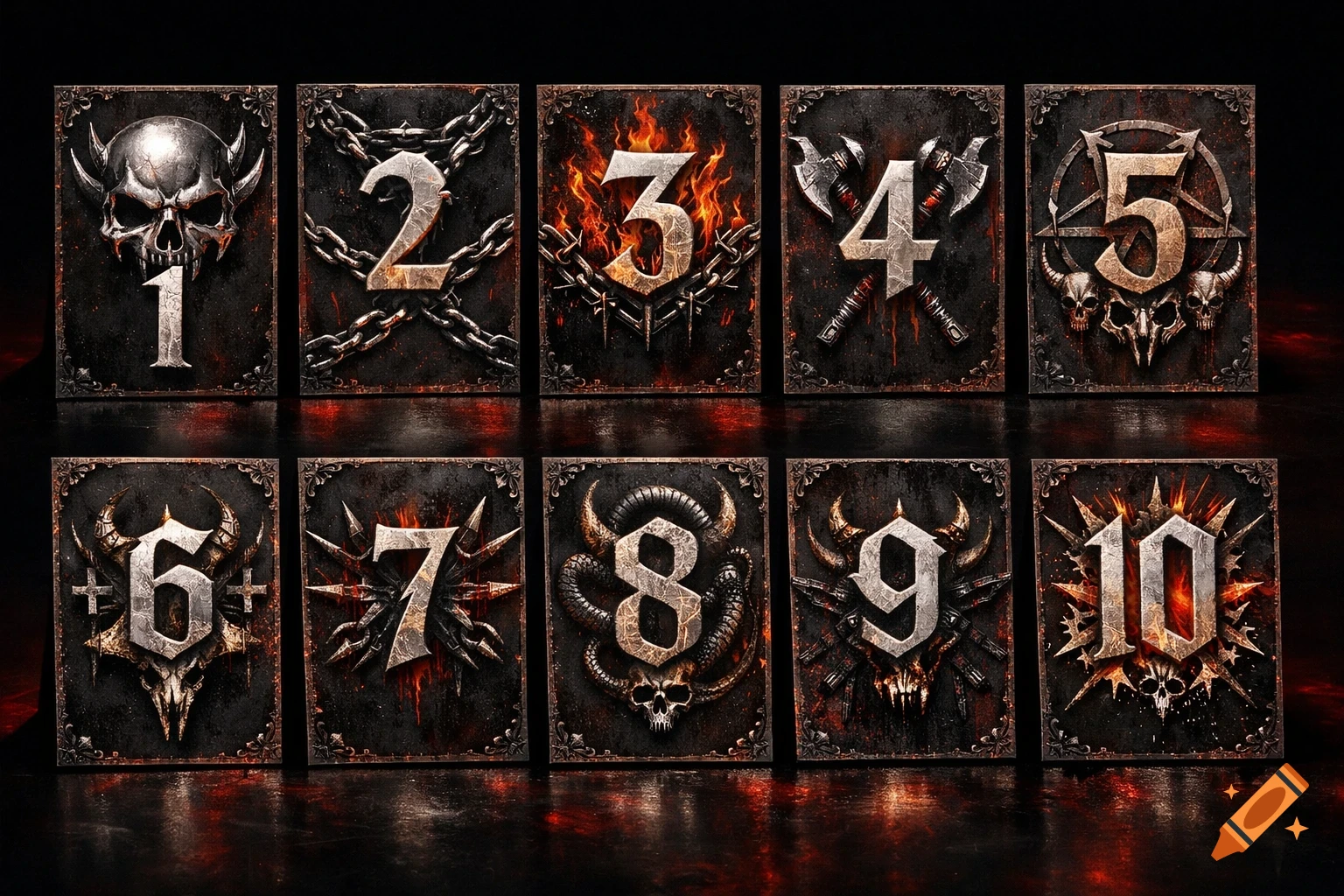 Ten gothic-style cards with stylized numbers 1-10, featuring elements like skulls, chains, and horns, on a dark, reflective surface.