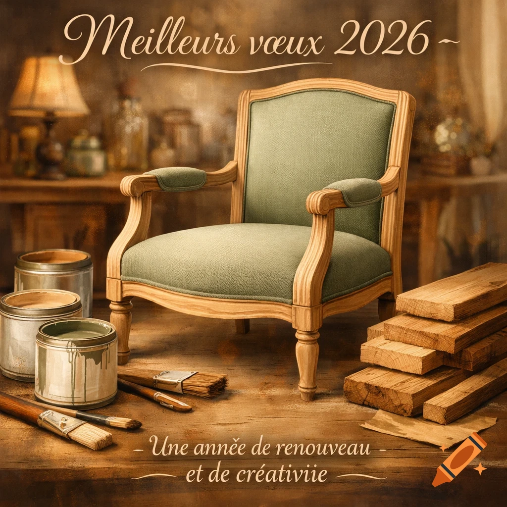 An antique chair being renovated, surrounded by paint cans, brushes, and wood in a warm workshop, with French greeting text.