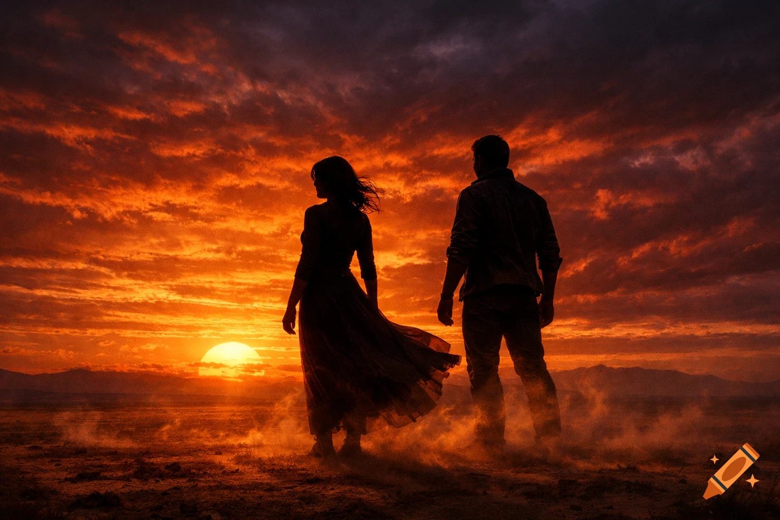 Two silhouetted figures stand in a dusty landscape against a vibrant orange and red sunset with a large sun on the horizon.