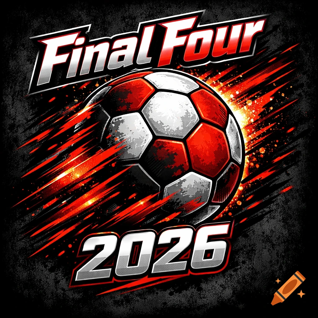 Dynamic graphic of a red and white soccer ball with speed streaks, featuring "Final Four 2026" text on a grunge black background.
