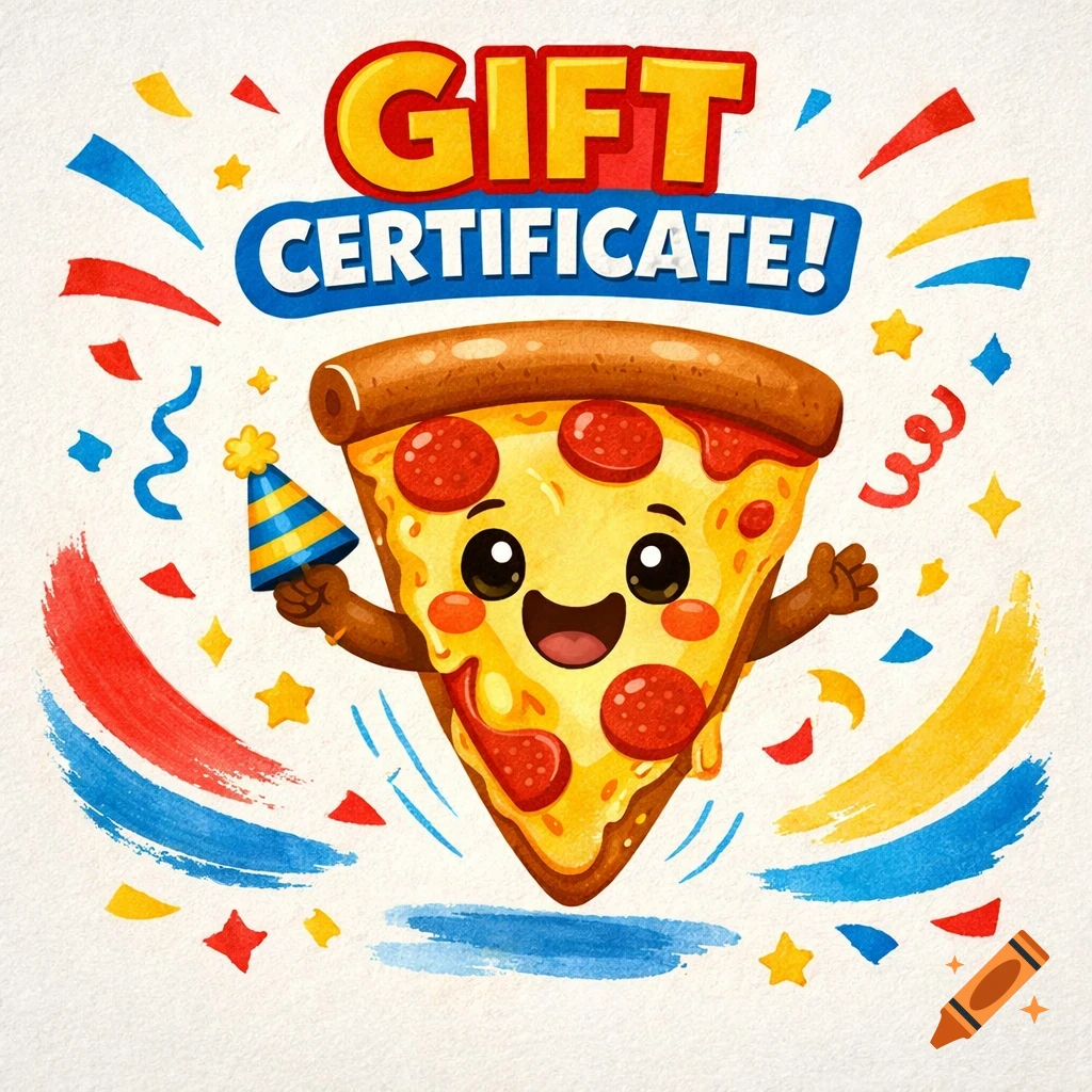 Cartoon pizza slice with a party hat, surrounded by confetti, with 'GIFT CERTIFICATE!' text above. Watercolor style.