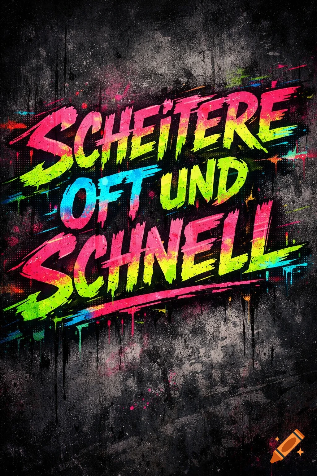 Neon graffiti text "SCHEITERE OFT UND SCHNELL" on a dark, grungy wall background with paint splatters.